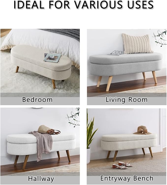 Oval Storage Bench 43.5" Linen Fabric Upholstered Entryway Bench with Solid Wood Legs Ottoman Bench Indoor Bench for Living Room/Bedroom/End of Bed/Entryway (Beige)