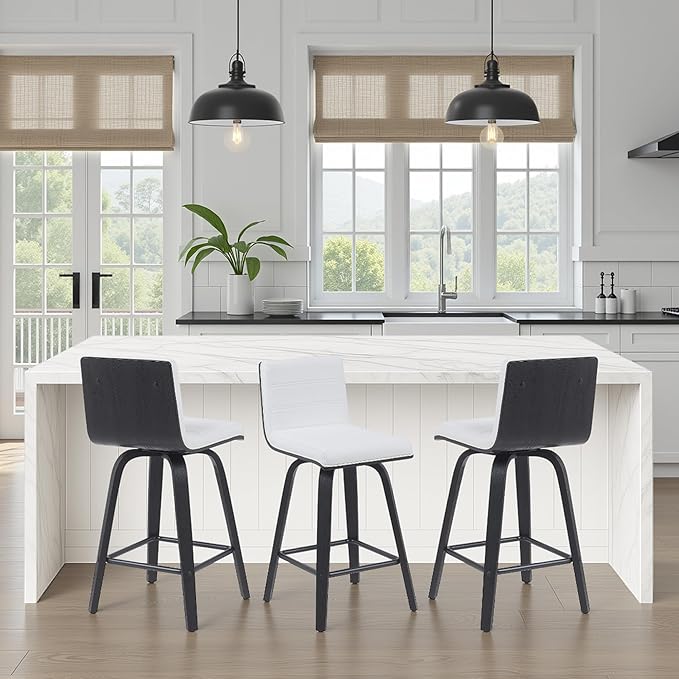 Vienna Modern Counter Height Swivel Bar Stool with Snow White Faux Leather Seat and Black Brushed Wood Frame Set of 2