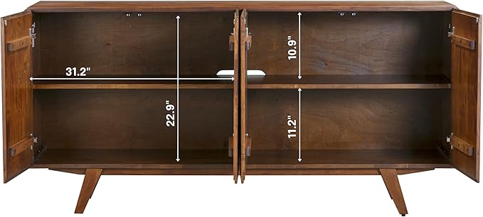NTC Sapa Mid-Century Modern Solid Wood Sideboard – 4-Door Accent Buffet Cabinet with Carved Geometric Fronts, for Living Room, Dining Room, or Entryway, Effortless Assembly, Dark Walnut