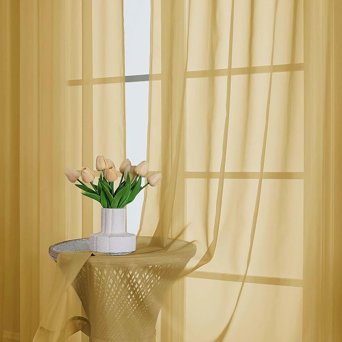 Chyhomenyc Gold Sheer Curtains 96 Inches Long 2 Panels, Light Filtering Gold - Image 2