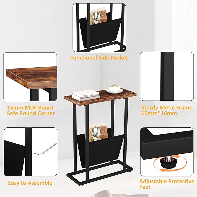 Narrow Side Table for Small Spaces, Small End Table Set of 2 with Magazine Holder, Skinny Slim Little Thin Table for Living Room, Bedroom, Sofa, Rustic Brown