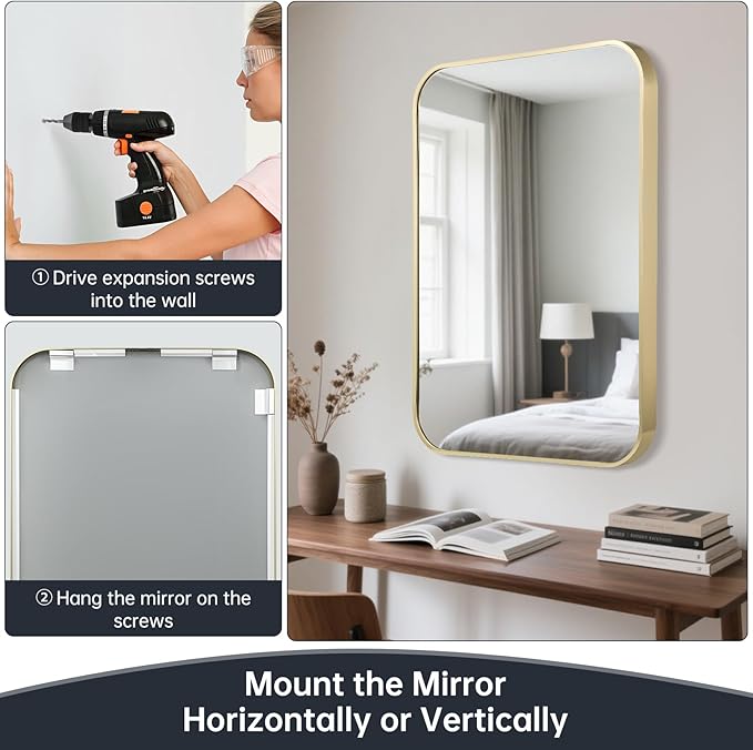 20x30 Inch Bathroom Mirror for Wall, Gold Framed Rectangle with Rounded Corner, Aluminum Alloy Brushed for Bedroom or Living Room, Vertical or Horizontal