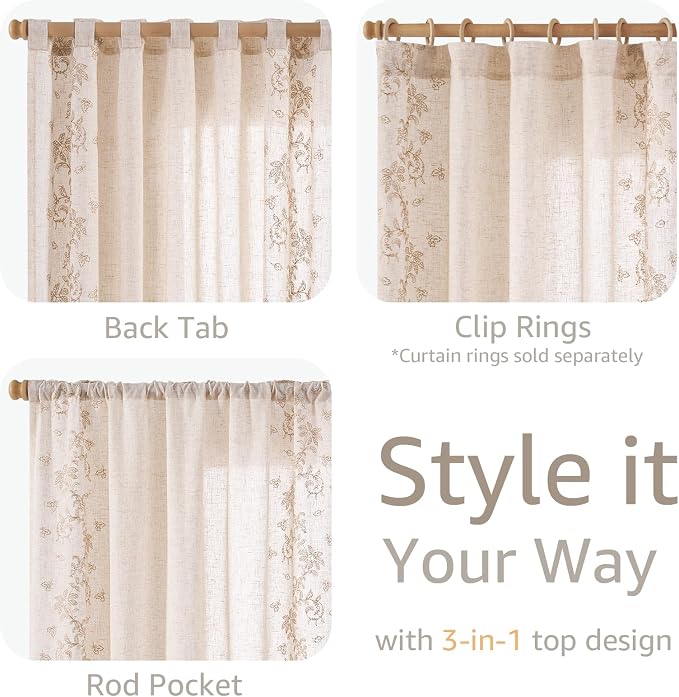 jinchan Evelyn Embroidered Linen Curtains 63 inch Floral Curtains - Image 8