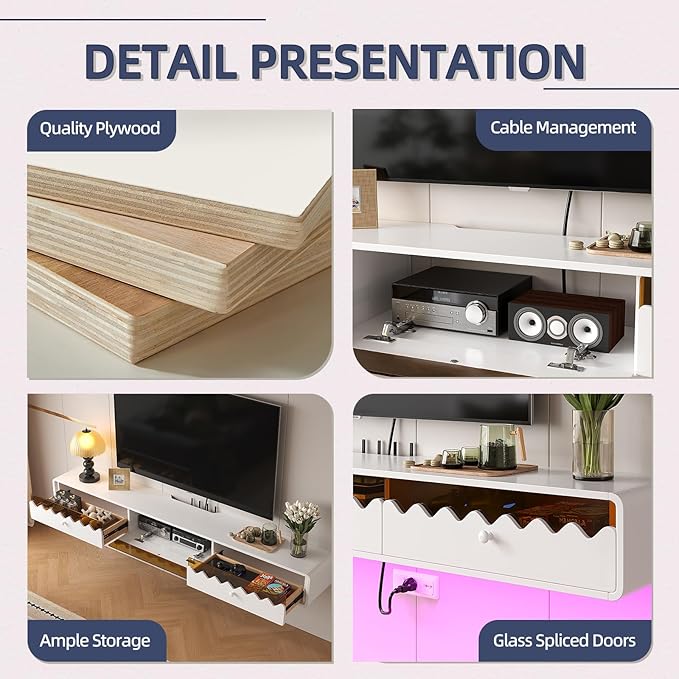 Floating TV Stand, 55IN Fully-Assembled Wall Mounted Wave Glass with Flip-Down Door & Drawers, Modern Media Entertainment Console Under TV Shelf for Livingroom