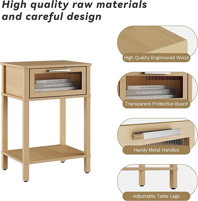 Nightstand Wooden Bedside Table with Drawer Natural Wood Night Stands Modern Style Small End Table Side Table with Storage Shelf for Bedroom Living Room MLBZ10YEV