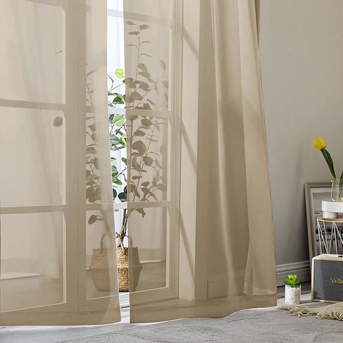 Sheer Taupe Curtains for Bedroom Living Room 54 Inch Length 2 Panels Set - Image 8