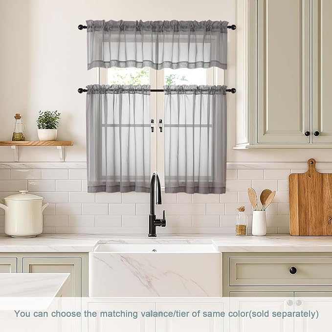 Grey Sheer Curtains Tier 30 Inches Length 2 Panels, Light Filtering Lightweight - Image 2