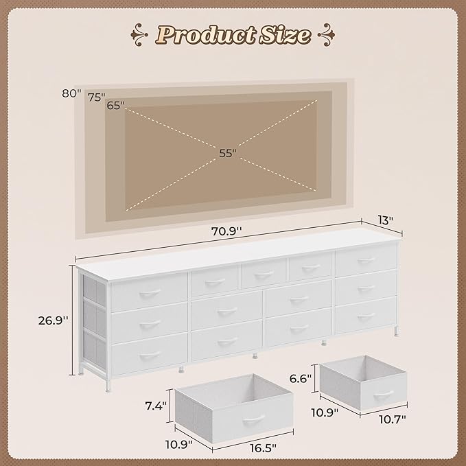 Huuger 70 Inch White Dresser for Bedroom, TV Stand for 65, 75, 80 Inch TV, 13 Fabric Drawer Long Dresser, Wide Chest of Drawer, Storage Units for Bedroom