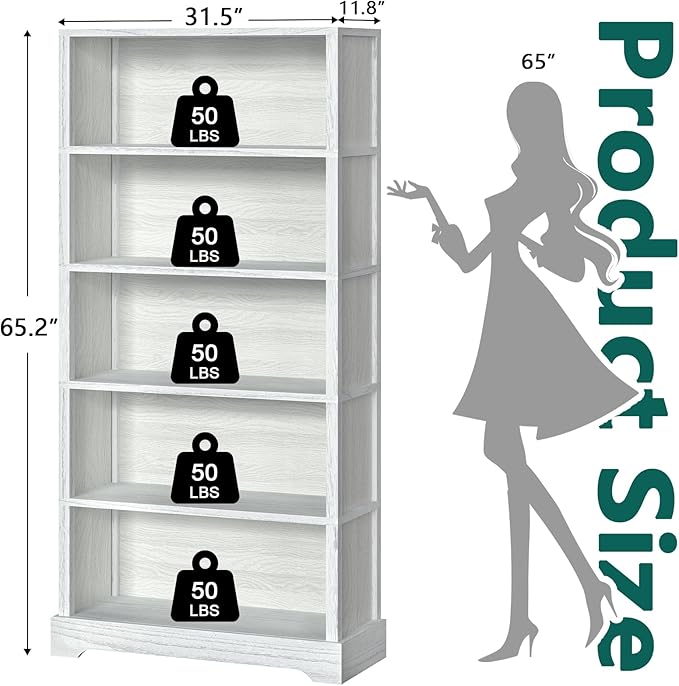 TVU 5-Shelf Wood Bookcase, 65 Inch Tall Bookshelf with Storage, Floor Standing Display Book Shelf，for Living Room Bedroom Study Office，Antique White