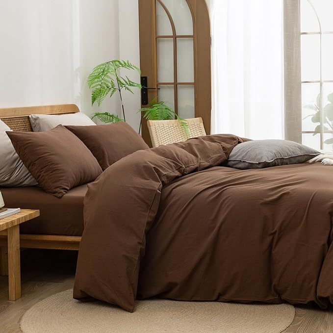 BESTOUCH Duvet Cover Set 100% Washed Cotton Linen Feel Super Soft Comfortable Chic Lightweight 3 PCs Home Bedding Set Solid Cocoa Brown Super King