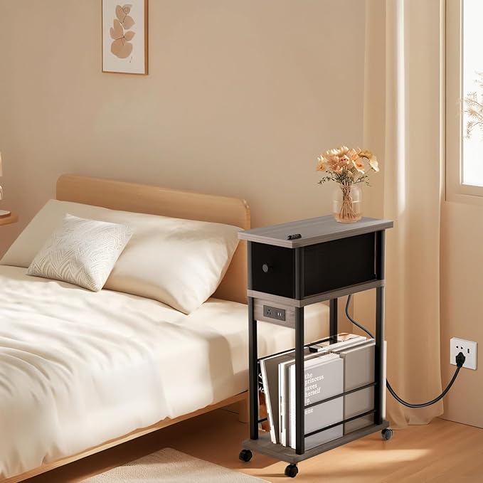 Side Table Set of 2,Side Table with Charging Station and Drawer, Narrow End Table with USB Ports and Outlets for Small Space, Living Room, Bedroom and Office, with 4 Wheels