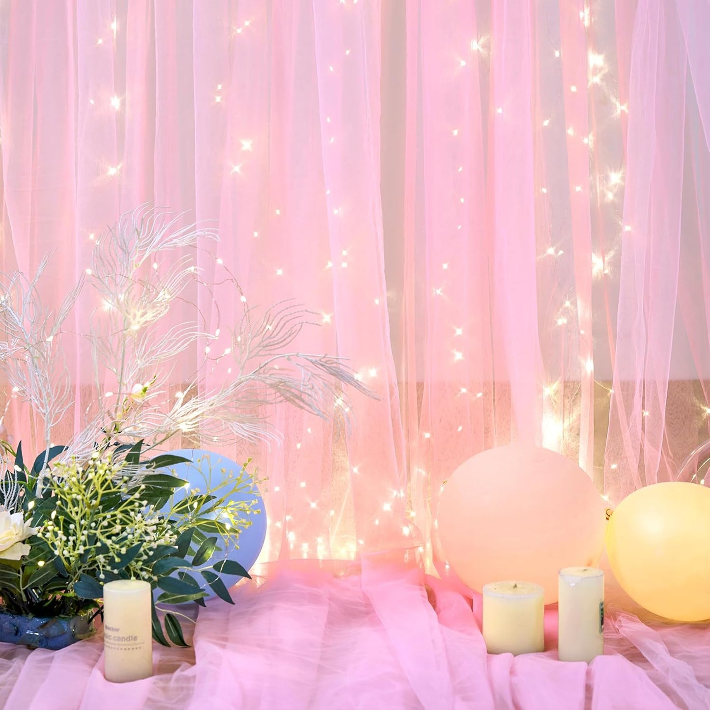 Pink Tulle Backdrop Curtains with Lights String for Parites 20ft×8ft Pink Sheer Backdrop Curtains for Baby Shower Girls Bridal Shower Birthday Party Photo Shoot Decorations(4 Panels 5×8ft)