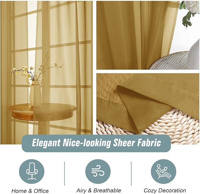 Gold Sheer Curtains 84 Inches Long 2 Panels, Elegant Airy Transparent Light - Image 4
