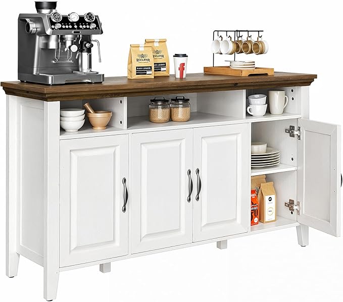 Marsail Sideboard Buffet Cabinet with Storage, 55" Farmhouse Kitchen Buffet Bar Table 4 Door Storage Cabinets for Dining Room Furniture, Wood White