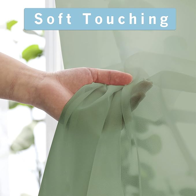 OWENIE Sage Green Sheer Curtains 96 Inches Long 2 Panels Set, Elegant Sheer - Image 3