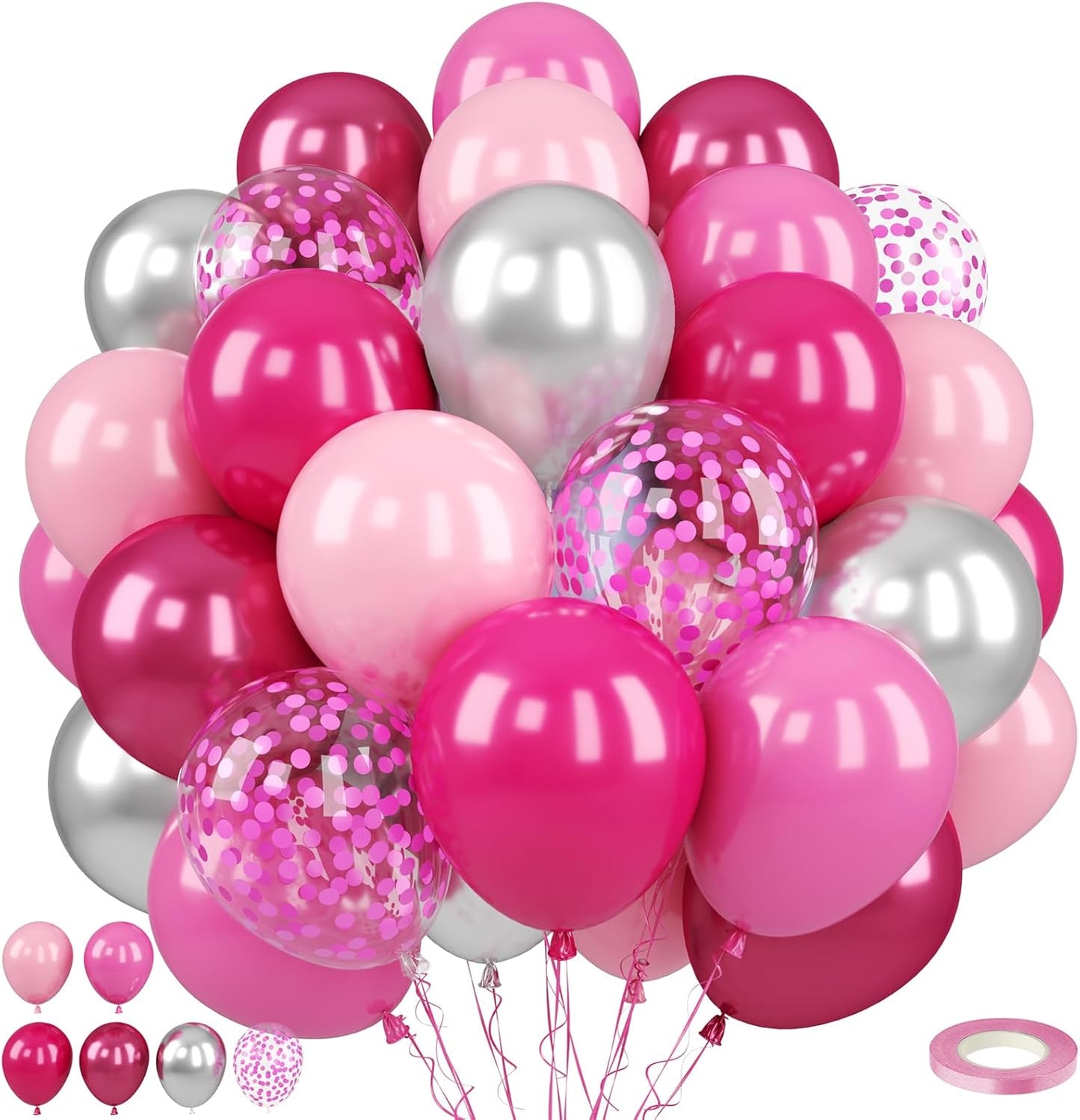 Paready Pink Balloons Set, 50PCS Hot Pink Latex Balloons, 12 Inch Confetti Balloon Metallic Silver Party Balloon Helium for Girls Women Baby Shower Princess Wedding Birthday Party Decorations