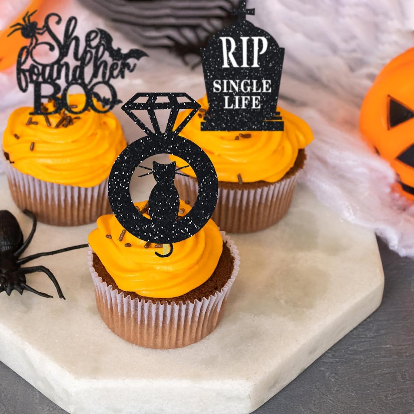 Halloween Bachelorette Cupcake Topper She Found Her Boo Rip Single Life Miss To Mrs Ring Cat Skull Finger Engagement Party Decorations White