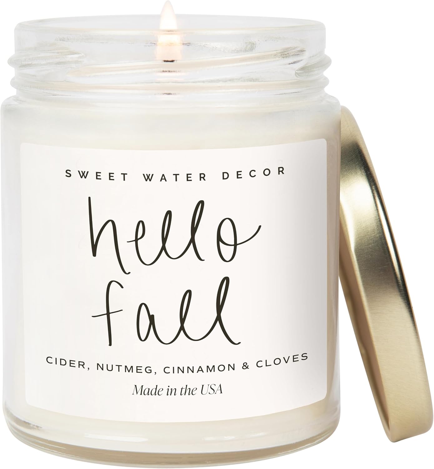 Sweet Water Decor Hello Fall Candle - Cinnamon Apples & Clove Autumn Fall Scented Candle for Home Decor - 100% Cotton Wick Soy Wax Candles with 40 Hour Burn Time - Made in The USA - 9oz Clear Jar