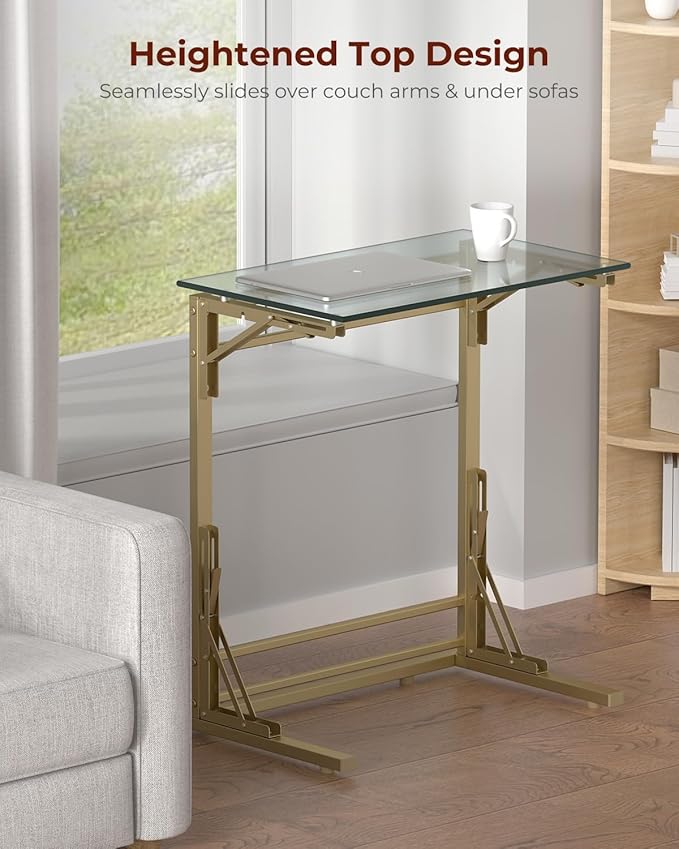 Tatub 24" Folding TV Tray Table Set of 2, Glass C Shaped End Table for Couch, Small Sofa-Side Laptop Desk with Gold Metal Frame for Living Room, Bedroom, Bedside