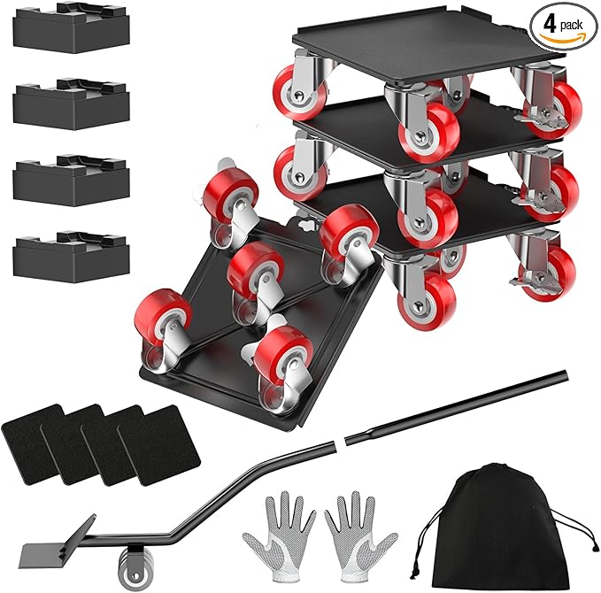 2000LBS Heavy Duty Furniture Dolly & Mover - 6.4" Carbon Steel Panel with 5X 360° Wheels, Non-Slip Sliders & Lifter for Sofa, Piano, Appliances (Red)