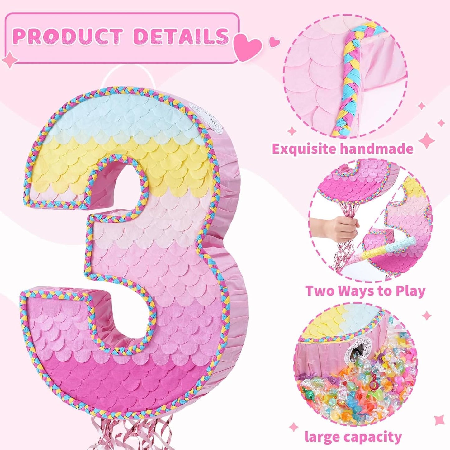 WERNNSAI Pink Sweet Three Pinata - Number 3 Pinata Happy Birthday Decoration Pink Rainbow Design Party Games for Girl Princess Baby Shower Party Favor with Blindfold Anniversary Celebration Supplies