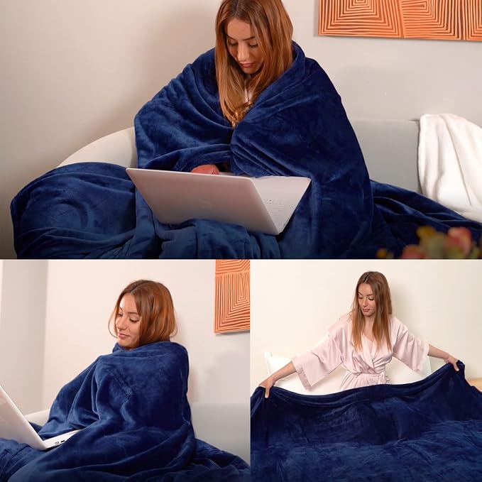 JIAHANNHA Navy Blue Fleece Throw Blankets Queen Size 90 by 90 Inches - Image 2