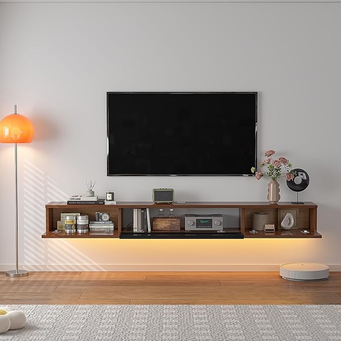 High Gloss Floating TV Stand,70'' Wall Mounted TV Console,Under TV Floating Shelf,Floating TV Cabinet with 3 Doors for Bedroom Living Room(Walnut)