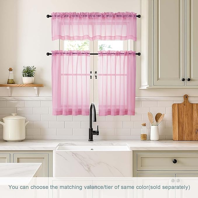 Light Pink Small Sheer Curtains 2 Panels Set, Kitchen Curtains 36 Inch Length - Image 2