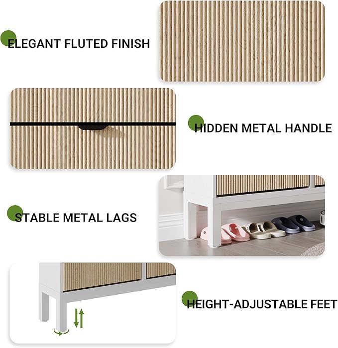 GarveeHome Fluted Shoe Storage Cabinet with 4 Flip Drawers, Narrow Wooden Shoe Organizer with Metal Legs, Modern Farmhouse Hidden Shoe Rack for Entryway, Hallway, White+Oak