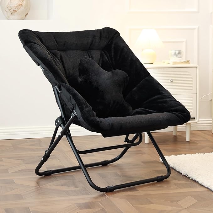 Welnow Comfy Saucer Chair, Oversized Folding Reading Chair for Adults with Throw Pillow Soft Faux Fur Lounge Chair for Bedroom Furry Accent Chair for Living Room, Dorm Rooms, Black