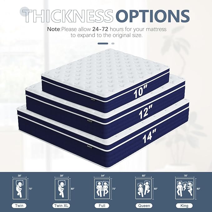 14 Inch King Size Mattress, King Mattress in a Box, Memory Foam Hybrid Mattresses with Individual Pocket Spring, Innerspring King Mattresses, Medium Firm Feel, CertiPUR-US Certified