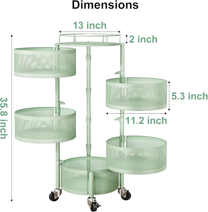 SAYZH Fruit Vegetable Basket for Kitchen, Rotating Storage Rack, 5 Tier Rolling Cart with top lid, Large Metal Wire Basket for for Potato Onion Snack, Black (Green)