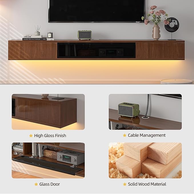 High Gloss Floating TV Stand,47'' Wall Mounted TV Console,Under TV Floating Shelf,Floating TV Cabinet with 3 Doors for Bedroom Living Room(Walnut)