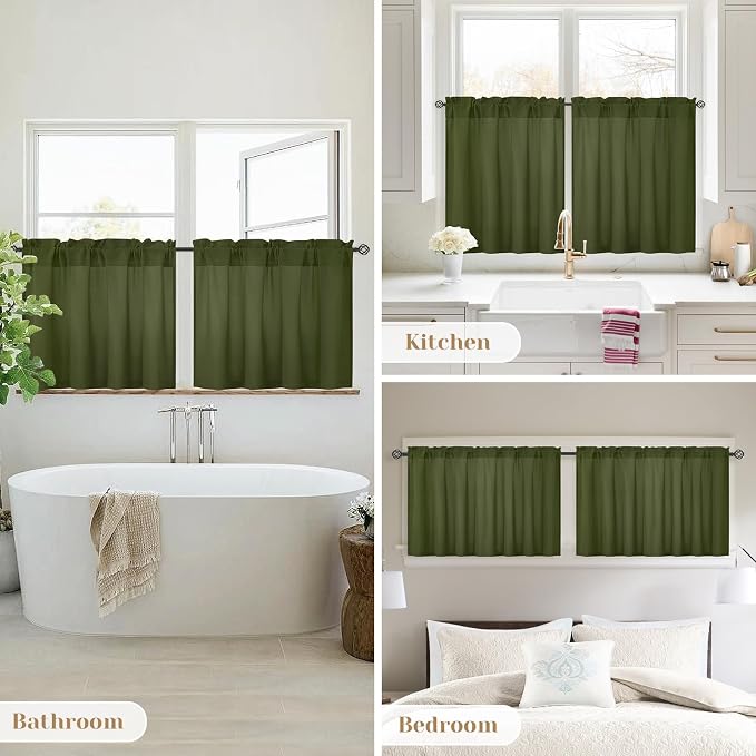 HOMEIDEAS Non-See-Through Olive Green Privacy Sheer Kitchen Curtains, 30 X 36 - Image 8