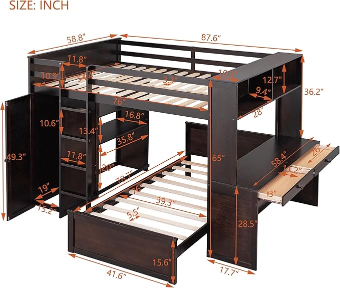Full Size Loft Bed with Wardrobe Desk and Shelves,Solid Wood Bunk Stand-Alone Platform Bedframe,w/Safety Guardrail,for Kids Teens Adults Bedroom,Espresso