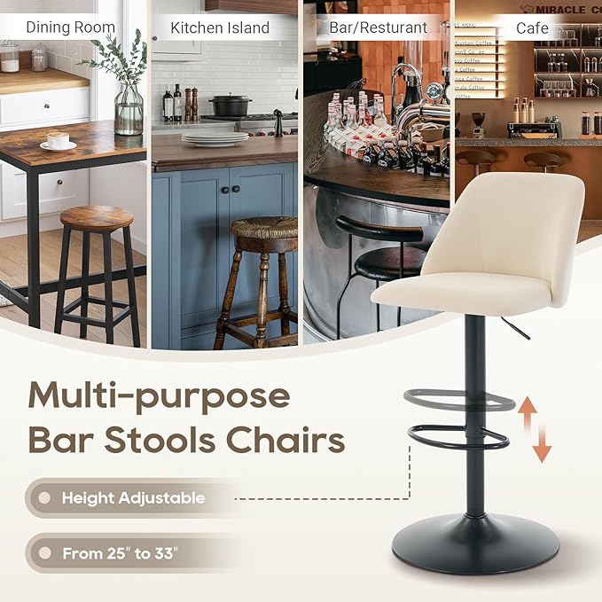COLAMY Bar Stools Set of 2, Modern Swivel Bar Chairs, Adjustable Upholstered Barstools Counter Height with Full Backrest for Bar, Dining Room, Kitchen Island, Beige