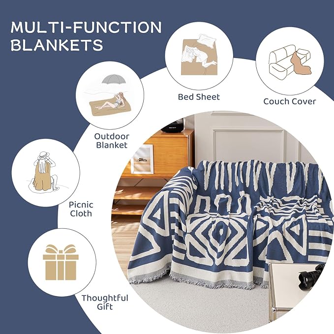 STACYPIK Boho Chenille Blue Sofa Cover L Shaped Couch Cover Reversible Couch Cover for 3 Cushion Couch Non-Silp Furniture Cover for Dogs Cats Sectional Sofa Cover for Loveseat Futon Cover-91X150IN