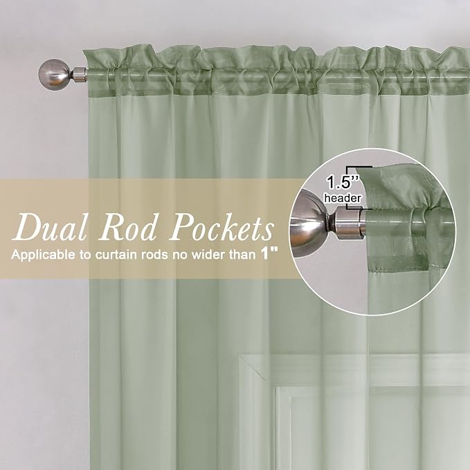 Lecloud Sage Green Sheer Curtains 96 Inches Long 2 Panels, Solid Airy Voile - Image 4