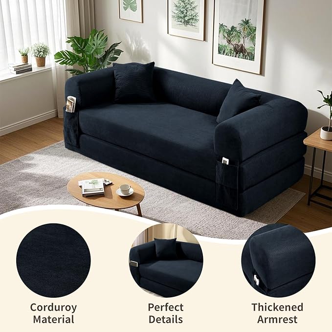 80" Convertible Sofa Bed, Corduroy Deep Seat Folding Pull Out Couch with Pillows, No Assembly Modern Boneless Couch Compression Sofa in Box, Floor Sofa with Storage Pocket for Living Room,Navy Blue