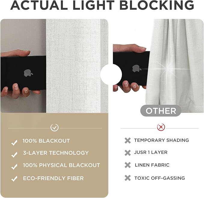 Joydeco 100% Blackout Curtains for Bedroom - Natural Linen Curtains 100" W x 120" L, Thermal Insulated 1 Panels White Light Blocking Drapes, Rod Pocket & Back Tabs, Darkening Privacy for Living Room