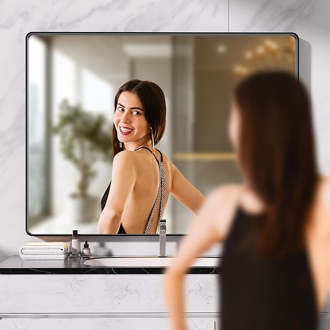 Hasipu Black Bathroom Mirror for Wall, 48 x 24 Inch Metal Framed Bathroom Mirrors for Over Sink, Rectangle Bathroom Vanity Mirror, Anti-Rust, Tempered Glass, Horizontal or Vertical