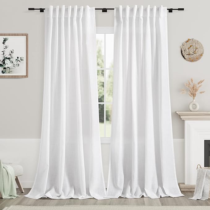 Nanspring White Linen Curtains for Living Room Farmhouse Light Filtering Semi by Nanspring