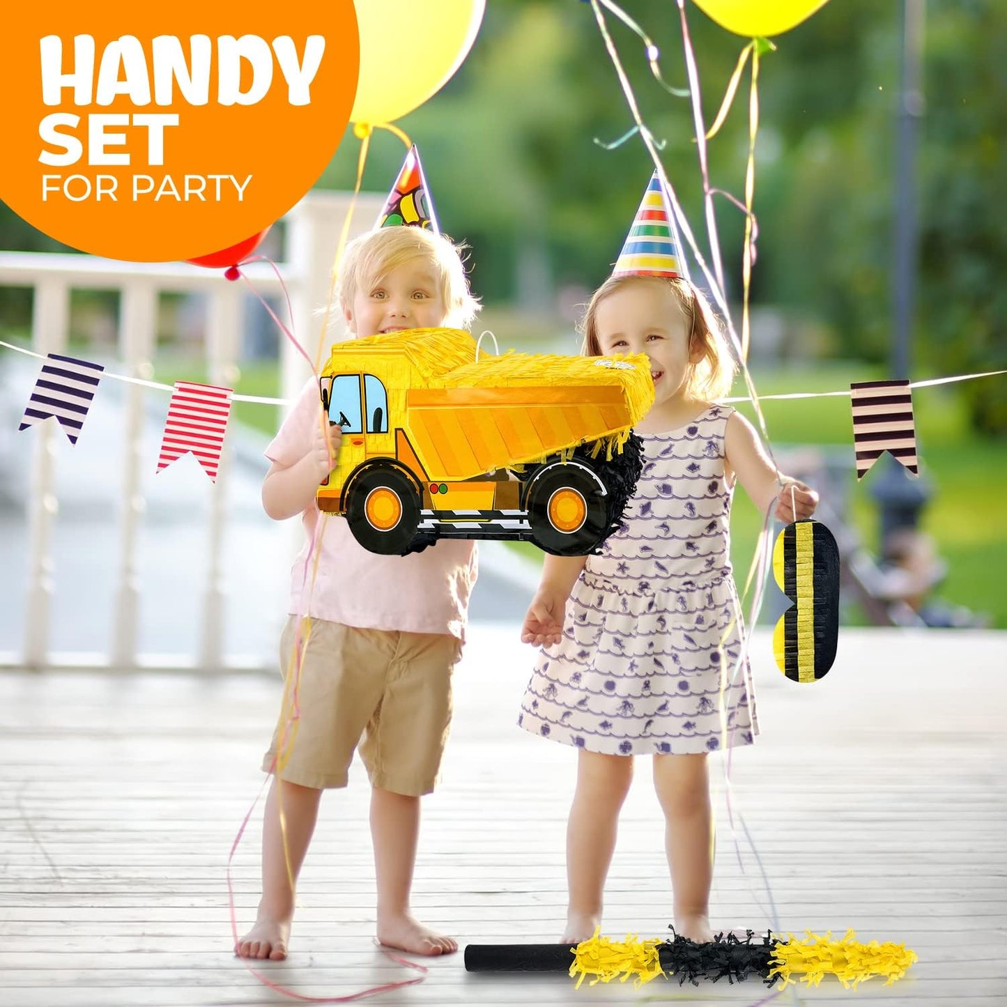 Small Dump Truck Pinata Bundle with a Blindfold and Bat(16 x 9 x 6.5 Inches), Kids Excavator Pinata for Construction Birthday Parties, Boys Birthday Party Supplies