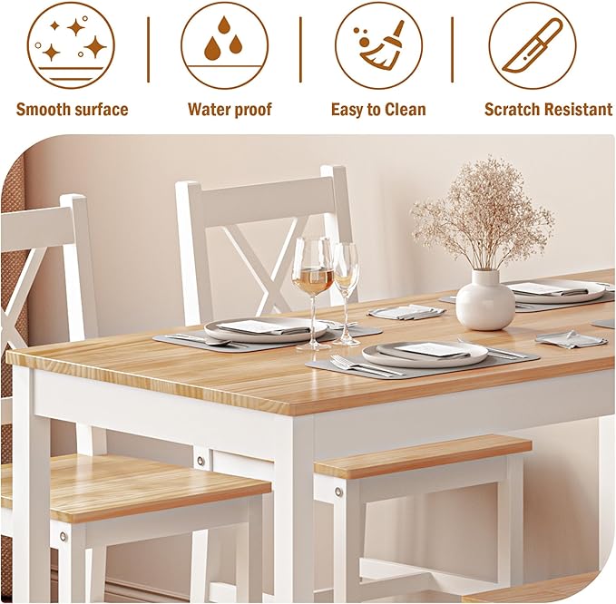SogesPower Dining Table Set for 4, 5-Piece Wood Kitchen Dining Table Set with 4 Chairs for Kitchen Dining Room Restaurant Small Space, 47" White&Oak