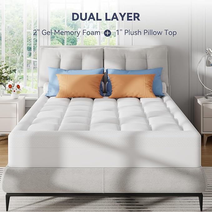 ELEMUSE California King Size Dual Layer 3 Inch Memory Foam Mattress Topper, 2 Inch Cooling Gel Memory Foam and 1 Inch Thick Soft Pillow Top Mattress Pad Cover for Back Pain Relief