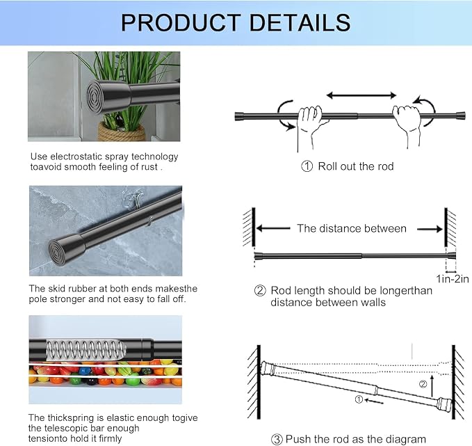 AIZESI Black Spring Tension Rods Adjustable 26 to 39 Tension Curtain Rod Small - Image 7