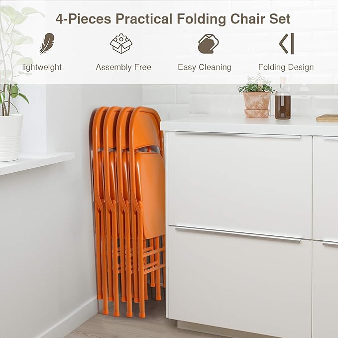 VECELO Metal Frame Steel Folding Mounted Chairs with Triple Braced & Double Hinged Back for Home Office,350-Pound Capacity,Orange, Pack of 4