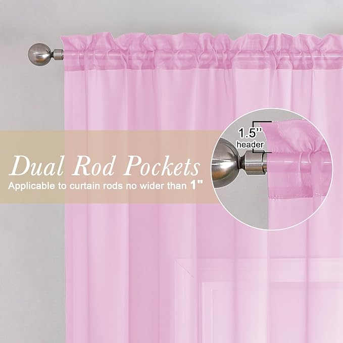 Lecloud Sheer Curtains 96 Inches Long 2 Panels, Light Pink Farmhouse Voile - Image 2