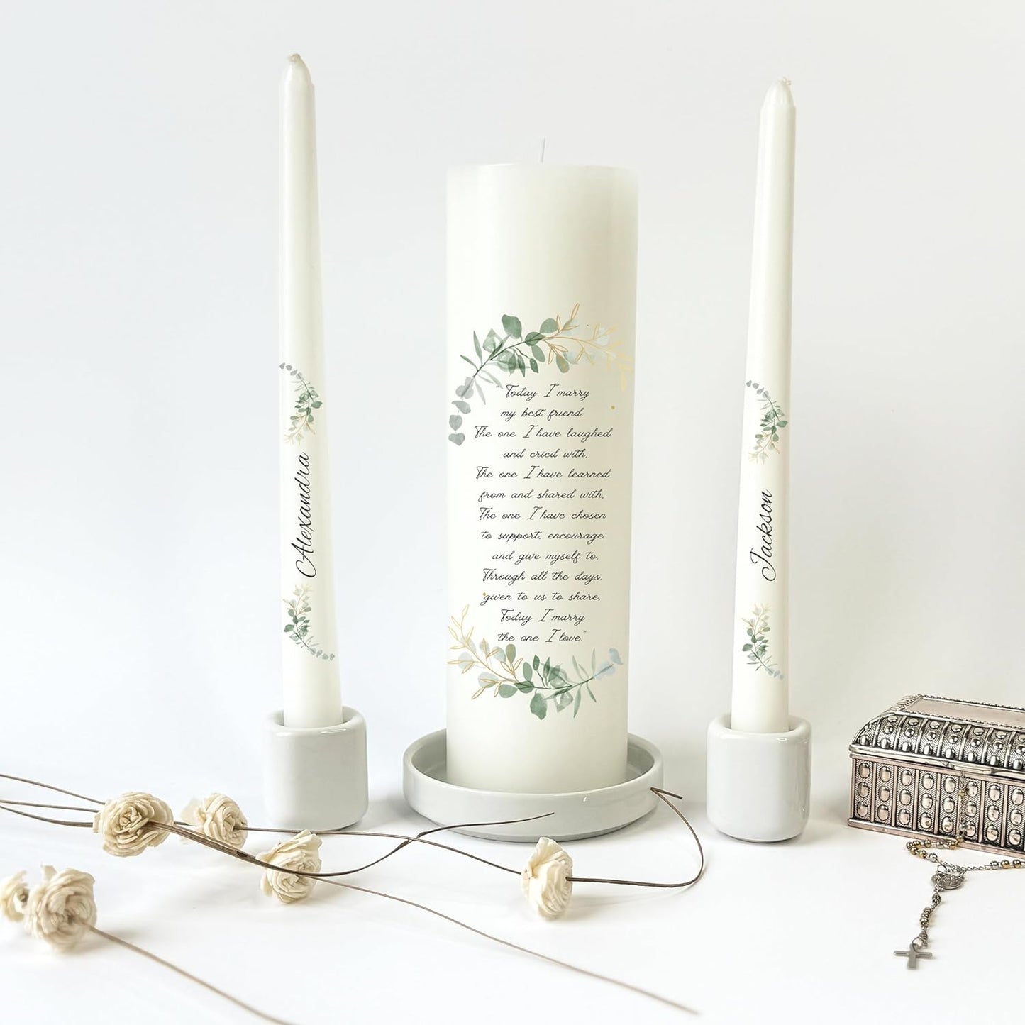 Unity Candles for Wedding, Modern Unity Set, Custom and Personalized Taper Candles with Bible Quote, Unscented White Premium Wax, Religious and Wedding Ceremony, Special Events (Custom Names)