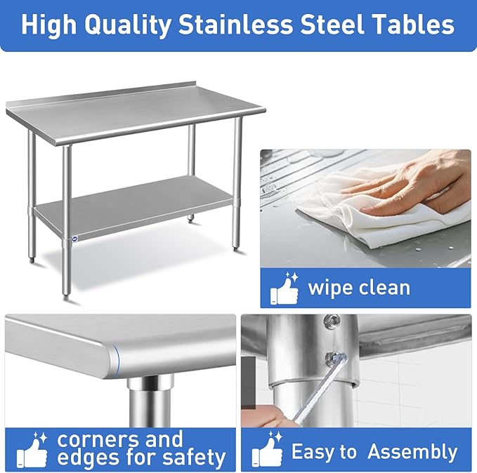 ROCKPOINT Stainless Steel Table for Prep & Work with Backsplash 14x30 Inches, NSF Metal Commercial Kitchen Heavy Duty Table with Adjustable Under Shelf and Table Foot for Restaurant, Home and Hotel